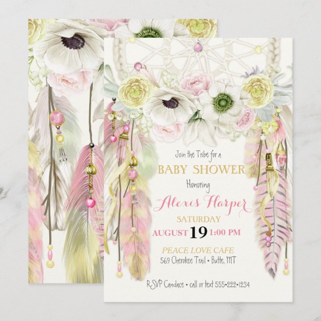 Invitación Atrapasueños Boho Plumas Cristales Rosa Amarillo (Anverso / Reverso)