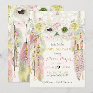 Invitación Atrapasueños Boho Plumas Cristales Rosa Amarillo