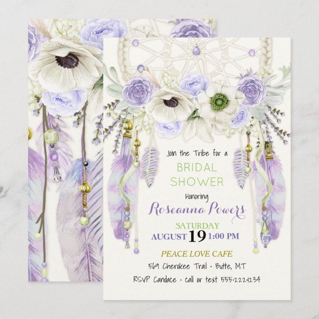 Invitación Atrapasueños Boho Plumas Lavanda Verde (Anverso / Reverso)