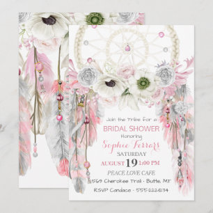 Invitación Atrapasueños boho plumas rosa gris marfil