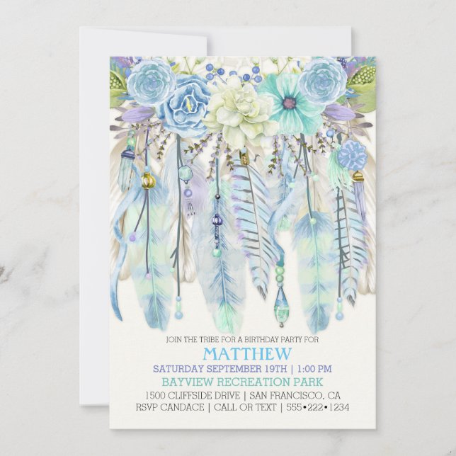 Invitación Atrapasueños Boho Plumas Turquesa Azul (Anverso)