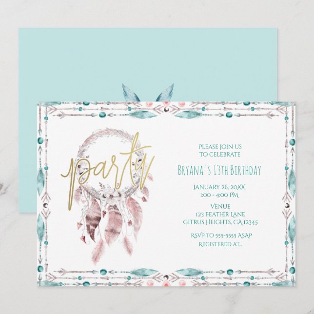 Invitación Atrapasueños de Plumas Bohemio Cumpleaños Verde (Anverso / Reverso)