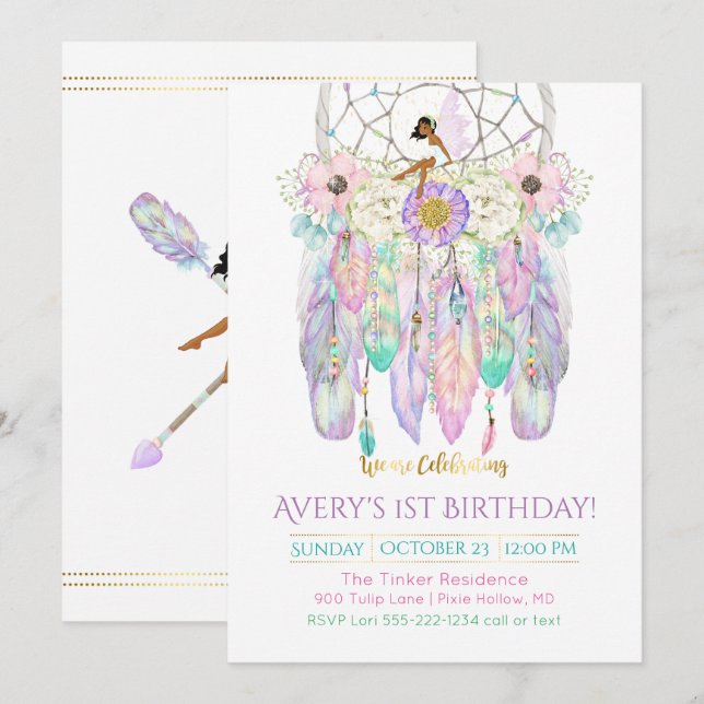 Invitación Atrapasueños étnico de hadas Boho plumas flechas (Anverso / Reverso)