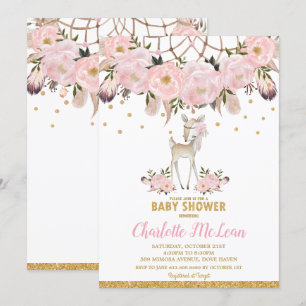 Invitación Atrapasueños Floral Ciervo Baby Shower Boho Niña