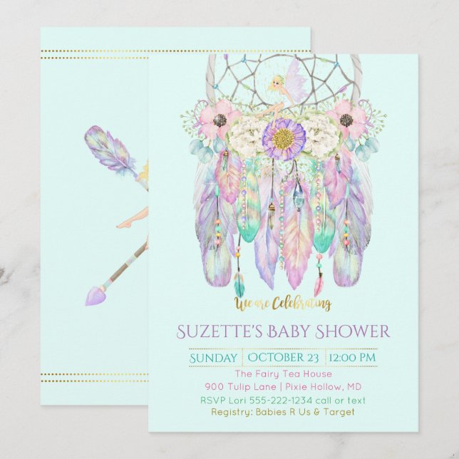 Invitación Atrapasueños Hada Boho Cualquier Color Papel (Anverso / Reverso)
