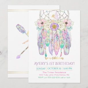 Invitación Atrapasueños Hadas Boho Plumas Flechas