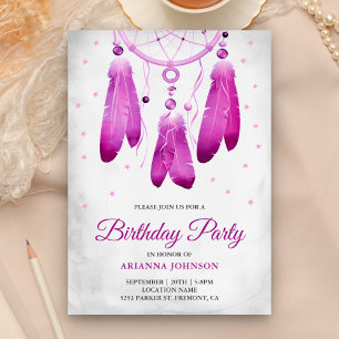 Invitación Atrapasueños Morado Rústico Boho Fiesta de Cumplea
