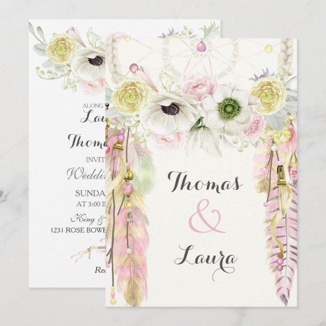 Invitación Atrapasueños tribal boho acuarela rosa amarillo (Anverso / Reverso)
