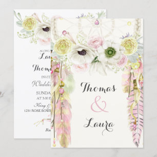 Invitación Atrapasueños tribal boho acuarela rosa amarillo