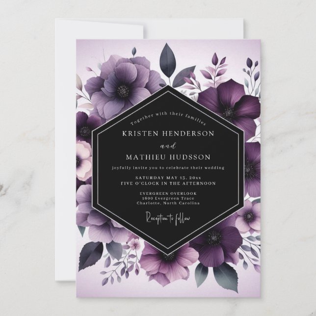 Invitación Aubergine Nocturne Flora Wedding (Anverso)