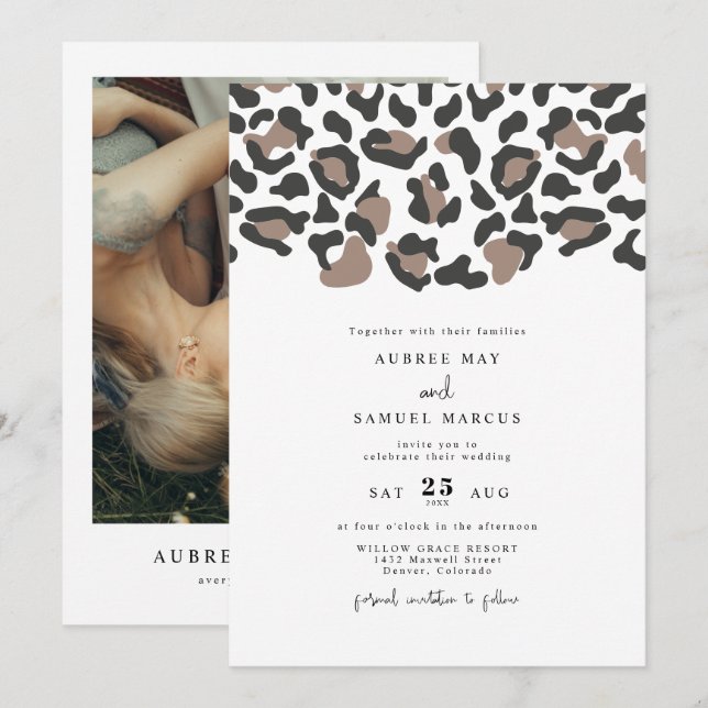 Invitación AUBREE Boda fotográfico de leopardo moderno (Anverso / Reverso)