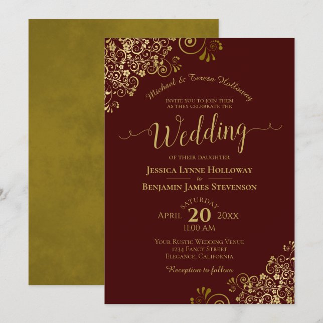 Invitación Auburn Brown Elegant Boda Formal Gold Lace (Anverso / Reverso)