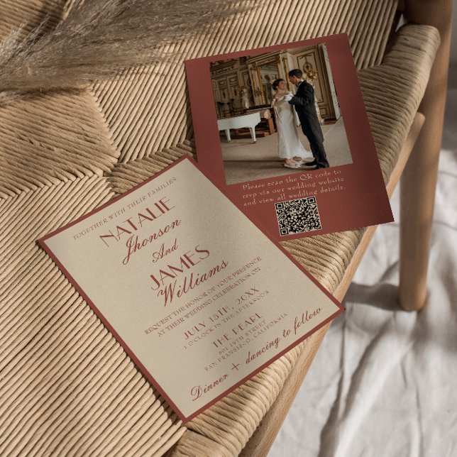 Invitación Auburn Copper Old Money QR Code Photo Wedding (Subido por el creador)