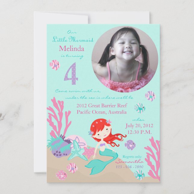 Invitación Auburn Mermaid cuarto cumpleaños (Anverso)
