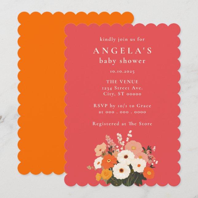 Invitación Audaz Baby Shower con motivos florales pintados (Anverso / Reverso)