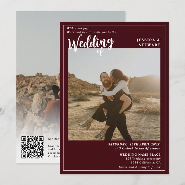 Invitación Audaz boda rojo burgundy foto del guión Qr código (Anverso / Reverso)
