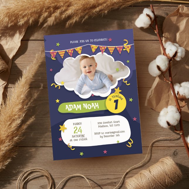 Invitación Audaz Confetti Verde Púrpura Primera Foto de Cumpl (Subido por el creador)