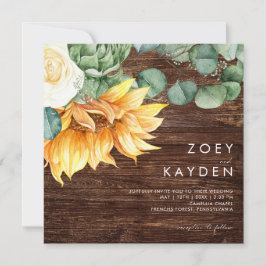 Invitación Audaz Country Sunflower bouquet Wood Square Boda