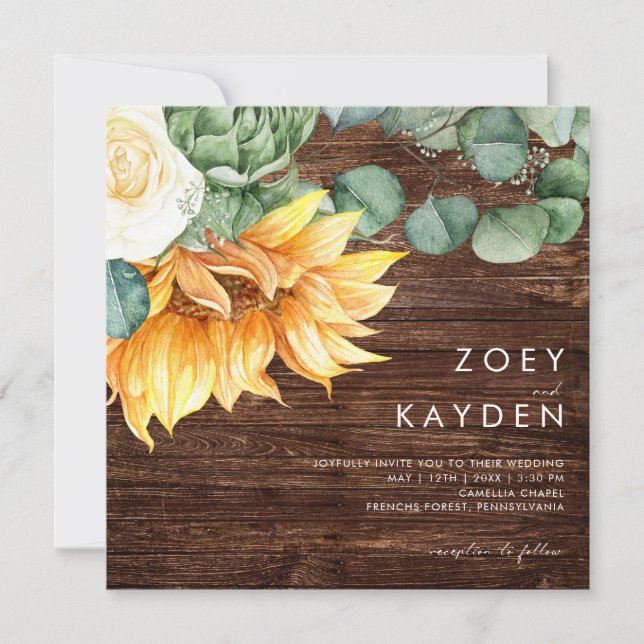 Invitación Audaz Country Sunflower bouquet Wood Square Boda (Anverso)