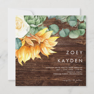 Invitación Audaz Country Sunflower bouquet Wood Square Boda