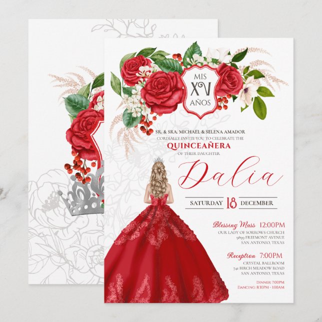 Invitación Audaz elegancia Roses Rojos Escudo Floral Quincean (Anverso / Reverso)