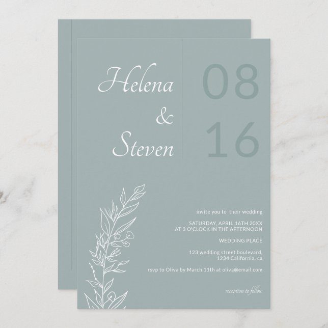Invitación Audaz floral nombres de boho moda boda azul polvor (Anverso / Reverso)