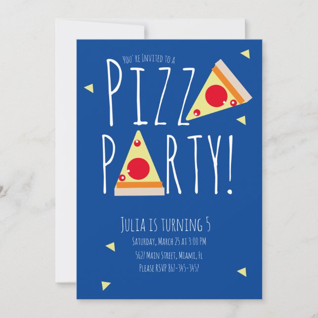 Invitación Audaz Pizza Birthday Party Restaurant Blue Red (Anverso)