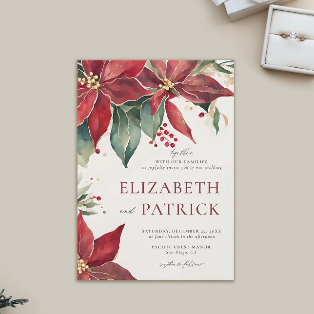 Invitación Audaz Poinsettia Elegantes Navidades Boda de Invie (winter wedding invitation modern christmas watercolor poinsettia elegant rustic bohemian)