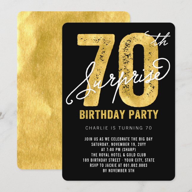 Invitación Audaz Relieve metalizado dorado Sorpresa 70 cumple (Anverso / Reverso)