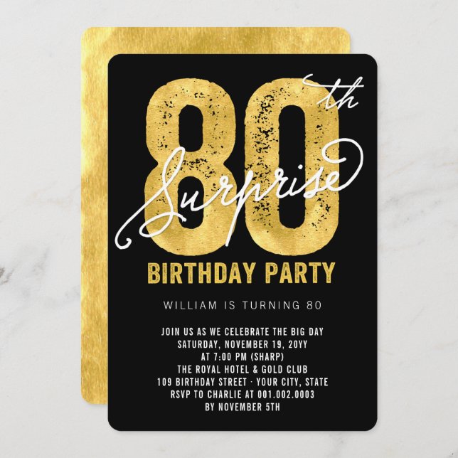 Invitación Audaz Relieve metalizado dorado Sorpresa 80 cumple (Anverso / Reverso)