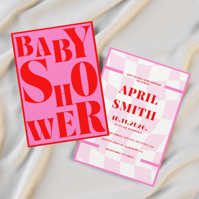 Invitación Audaz tipografía retro Baby Shower rojo rosado (Subido por el creador)