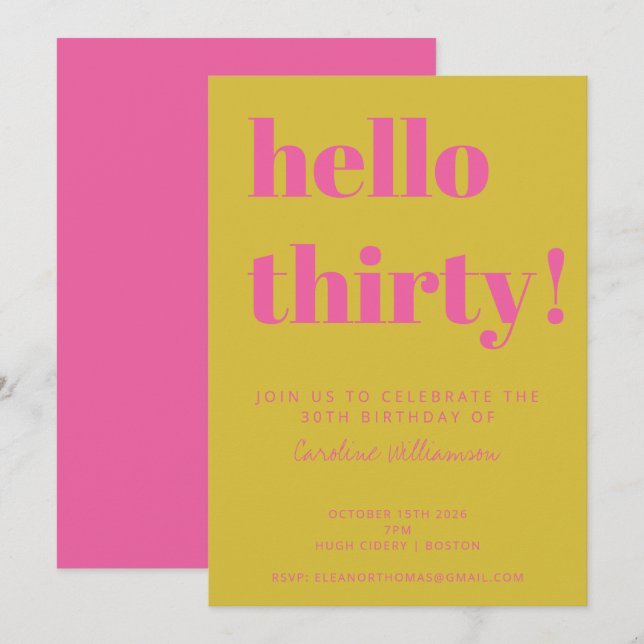 Invitación Audaz tipografía rosa amarillo moderno 30 cumpleañ (Anverso / Reverso)