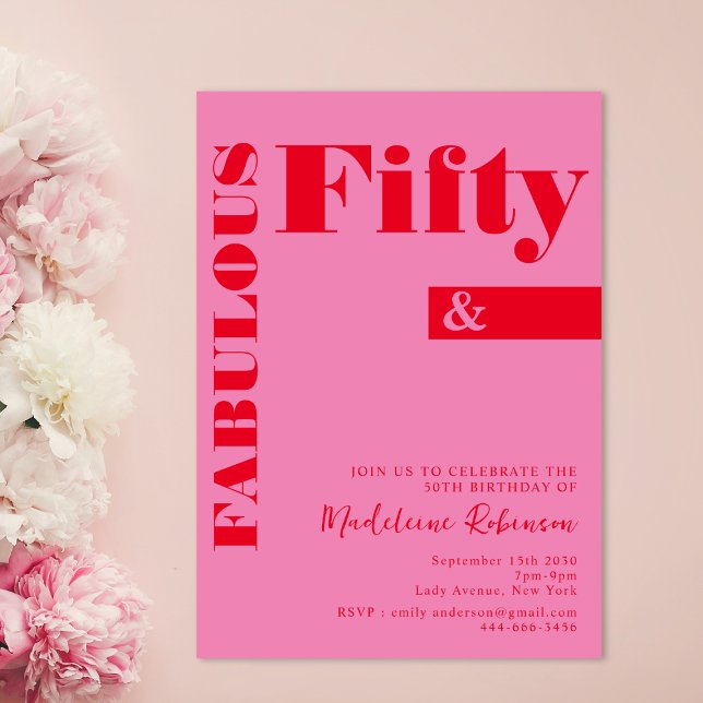 Invitación Audaz tipografía rosa rojo moderno 50 cumpleaños (Subido por el creador)