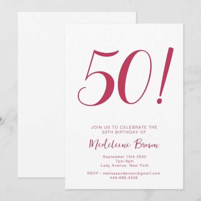 Invitación Audaz tipografía Viva Magenta 50 cumpleaños (Anverso / Reverso)