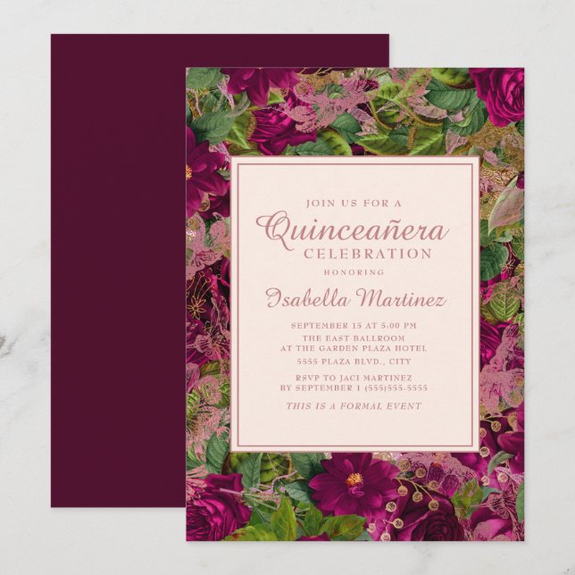 Invitación Audaz Vino Púrpura Lacy Floral Rosa Quinceañera (Anverso / Reverso)