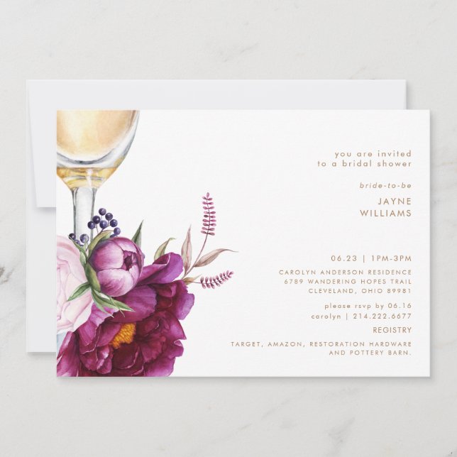 Invitación Audaz Wine Floral Champagne Moderno Bridal Shower (Anverso)