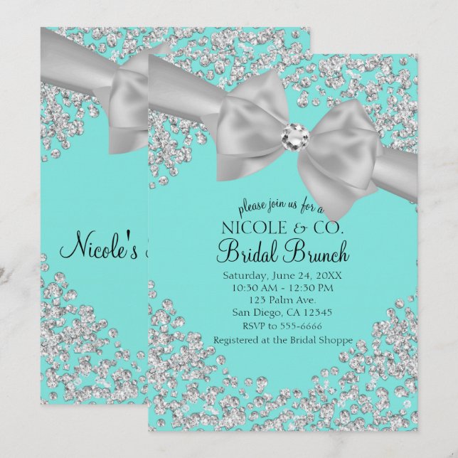 Invitación Audrey Blue Big White Bow Diamonds Bridal Shower (Anverso / Reverso)
