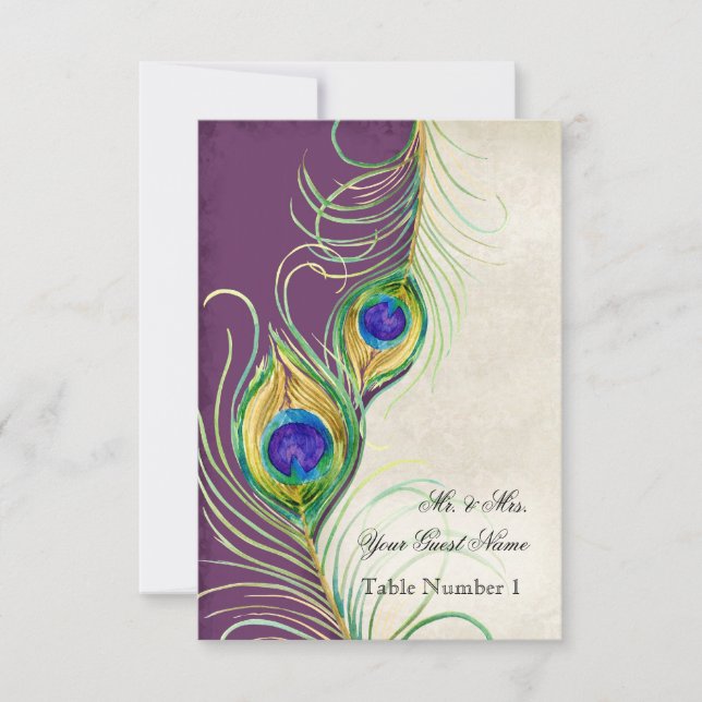 Invitación Audrey Jeanne Peacock Feather Purple Damask Escort (Anverso)