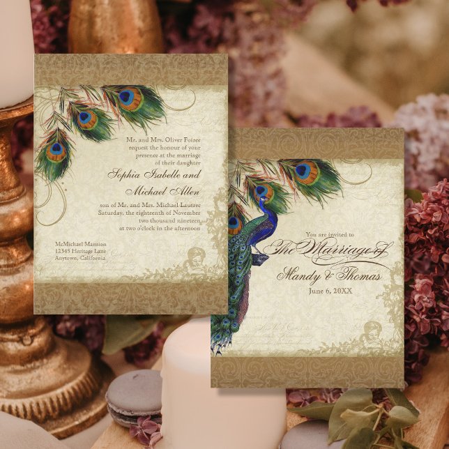 Invitación Audrey Jeanne Peacock & Feathers Vintage Damask (Subido por el creador)
