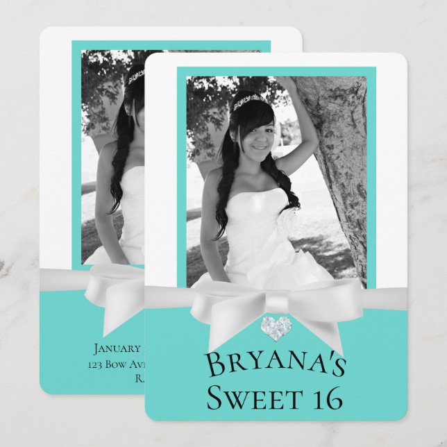 Invitación Audrey Teal Blanco Bow Moderno Dulces 16 Fotos (Anverso / Reverso)
