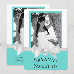 Invitación Audrey Teal Blanco Bow Moderno Dulces 16 Fotos
