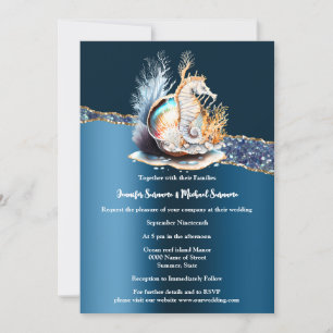 Invitación Augurio de oro azul con concha de mar