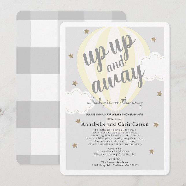 Invitación Aumentar el globo aerostático Baby Shower amarillo (Anverso / Reverso)