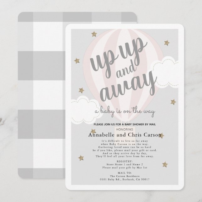 Invitación Aumentar el globo aerostático rosa Baby Shower por (Anverso / Reverso)