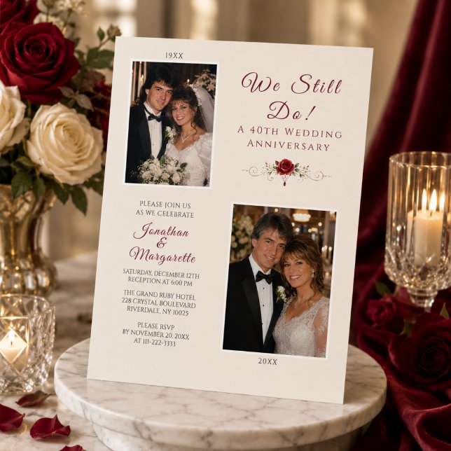 Invitación Aún Celebramos Aniversario de Boda (Elegant 40th Wedding Anniversary Invitation with Then & Now Photos)