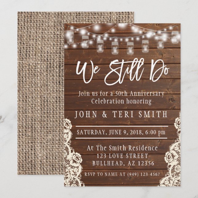 Invitación Aún hacemos aniversario de boda rústico de madera (Anverso / Reverso)
