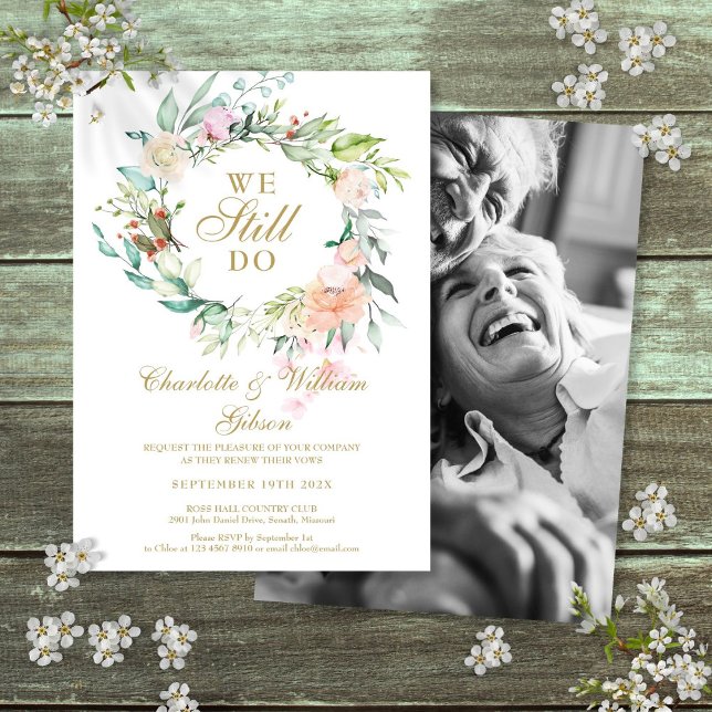 Invitación Aún Vemos Renovación De La Foto Floral De Garland (We Still Do Vow Renewal Floral Garland Photo Invitation)