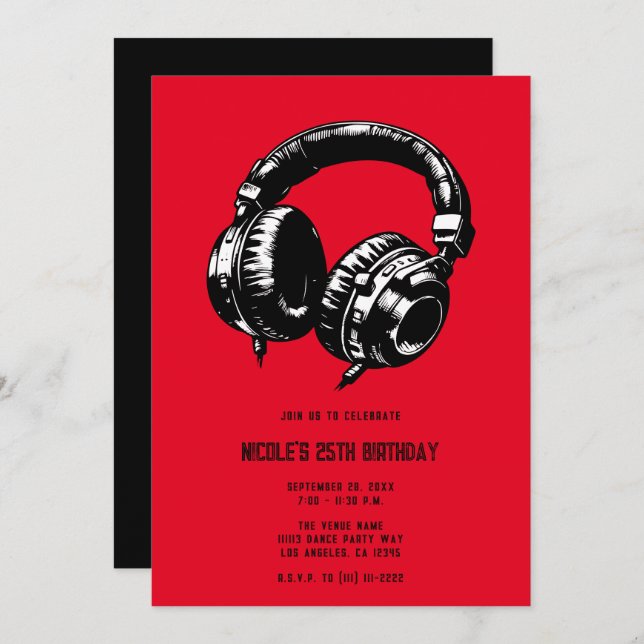Invitación Auriculares con música negra Dance DJ Fiesta de cu (Anverso / Reverso)