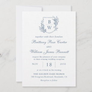 Invitación [AURORA] Escudo azul turbio cosecha Boda monograma