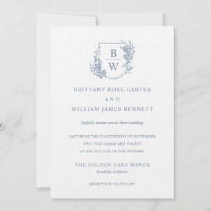 Invitación [AURORA] Escudo azul turbio cosecha Boda monograma